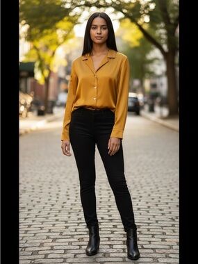 Karen Kane Mustard Satin Button-Front Blouse